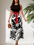 kkboxly  Floral Print Round Neck Sleeveless Tie Waist Dress, Vintage Stitch Flared Maxi Dress, Women's Clothing
