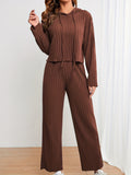 kkboxly  Casual Solid Knit Two-piece Set, Long Sleeve Drawstring Hoodie & Wide Leg Pants Outfits, Women's Clothing