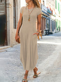 kkboxly  Solid Color Crew Neck Dress, Casual Short Sleeve Ankle Dress For Spring & Summer, Women's Clothing