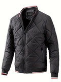 kkboxly  Men's Argyle Pattern Puffer Coat With Zipper Pocket, Casual Stand Collar Zip Up Slim Fit Warm Jacket For Outdoor Winter