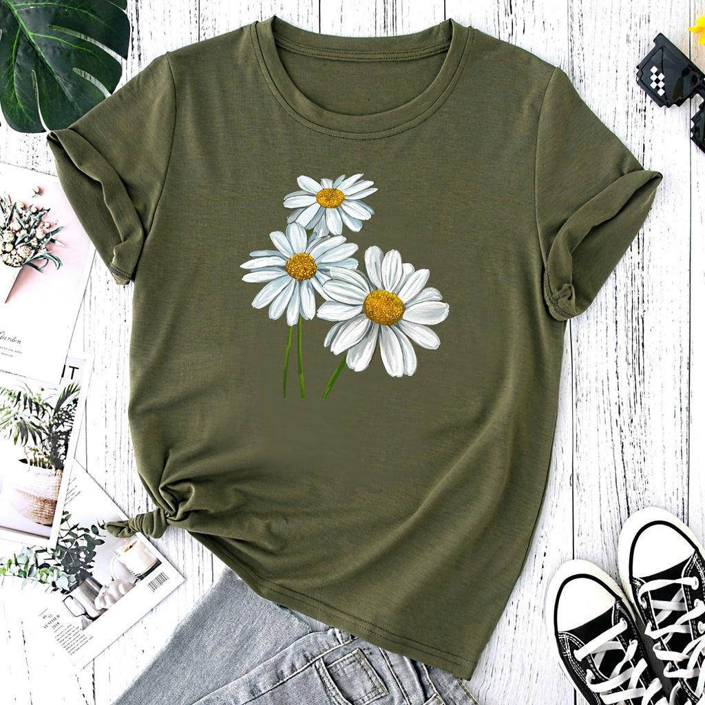 kkboxly  Cute Daisy Print T-Shirt, Short Sleeve Crew Neck Casual Top For All Season, Women's Clothing