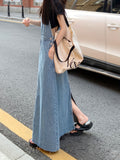kkboxly  Blue Raw Hem Denim Overall Dress, Non-Stretch Loose Fit Split Denim Overall Dress, Women's Denim Clothing