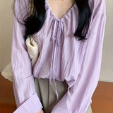 Solid Drawstring V-neck Button Blouse, Sweet Long Sleeve Blouse For Spring & Fall, Women's Clothing