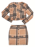kkboxly  Houndstooth Print Elegant Two-piece Set, Button Front Long Sleeve Tops & Bag Hip Mini Skirts Outfits, Women's Clothing