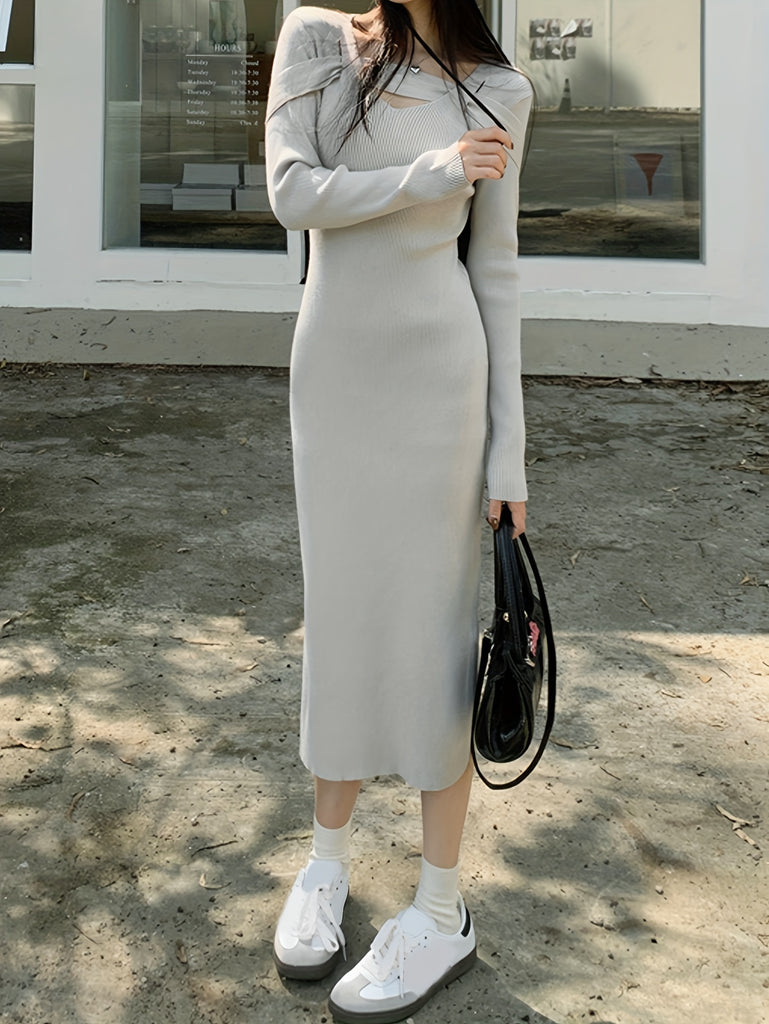 kkboxly  Asymmetrical Solid Color Dress, Elegant Long Sleeve Dress For Spring & Fall, Women's Clothing