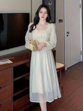 kkboxly  Solid Contrast Lace Dress, Elegant Long Sleeve Squared Neck Ruched Dress, Women's Clothing
