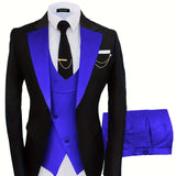 kkboxly  Formal 3 Pieces Set, Men's One Button Suit Jacket & Vest & Pants Suit Set For Business Dinner Wedding Party