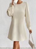 Button Back Solid Dress, Elegant Crew Neck Long Sleeve Dress, Women's Clothing