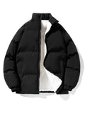 kkboxly  Men's Casual Thickened Thermal Zipper Fleece Lined Cotton-padded Jacket, Warm Long Sleeve Stand Collar Windproof Padded Outwear For Winter