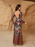 kkboxly  Sequined Crew Neck Formal Dress, Elegant Long Sleeve Backless Evening Dress For Party & Banquet, Women's Clothing