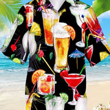 kkboxly  Trendy Drinks Print Men's Casual Short Sleeve Hawaiian Shirt, Men's Shirt For Summer Vacation Resort, Tops For Men