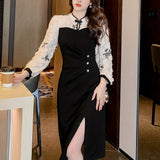 kkboxly  Split Hem Dress, Elegant Long Sleeve Slim Ruched Midi Dress, Women's Clothing