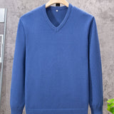 kkboxly  All Match Knitted Solid Sweater, Men's Casual Warm Slightly Stretch V Neck Pullover Sweater For Men Fall Winter