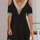 kkboxly  Contrast Lace Cold Shoulder Dress, Casual V Neck Short Sleeve Dress, Women's Clothing