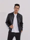 kkboxly  Classic Design PU Jacket, Men's Casual Solid Color Zip Up Lapel Fleece Faux Leather Jacket For Fall Winter
