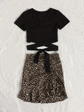 kkboxly  Casual Two-piece Set, Tied Surplice Neck T-shirt & Leopard Print Drawstring Skirt Outfits, Women's Clothing
