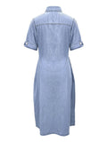 kkboxly  A-Line Flap Pockets Denim Dress, Rolled Sleeve Button Up V Neck Dress, Casual Lapel Denim Long Dress, Women's Denim Dress & Clothing