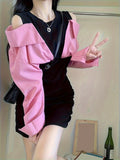 kkboxly  Cold Shoulder Color Block Dress, Elegant Long Sleeve Dress For Spring & Fall, Women's Clothing