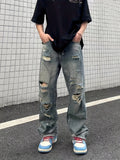 kkboxly  Baggy Ripped Cotton Jeans, Men's Casual Street Style Distressed Denim Pants For Spring Summer