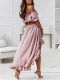 kkboxly Solid Ruffle Trim Two-piece Set, Off Shoulder Short Sleeve Tops & Dipped Hem Elastic Waist Skirts Outfits, Women's Clothing