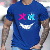 kkboxly  Cross Eyes Smile Face Print, Men's Graphic T-shirt, Casual Comfy Tees Tshirts For Summer, Men's Clothing Tops