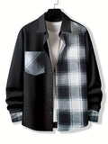 kkboxly  Stylish Collage Chest Pocket Plaid Pattern Casual Long Sleeve Button Up Shirt, Men's Clothes For Spring Summer Fall Outdoor