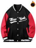 kkboxly  Men's "NEW YORK" Print Fleece Lightweight Varsity Jackets, Trendy Color Block Baseball Jacket, Thermal Outerwear Men's Clothes Fall Winter