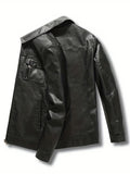 kkboxly  Chic PU Jacket, Men's Casual Thermal Solid Color Zip Up Turn-Down Collar Faux Leather Jacket For Winter Fall