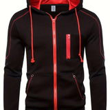 kkboxly  Men's Breast Zipper Pocket Zip-Up Hooded Jacket, Casual Hoodie For Sports, Running