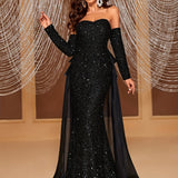 kkboxly  Off-shoulder Sequin Sweep Train Dress, Elegant Sweetheart Neck Long Sleeve Tiered Dress, Women's Clothing