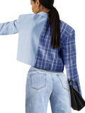 kkboxly  Plaid Print Splicing Cropped Blazer, Casual Lapel Long Sleeve Button Front Outerwear With Pocket, Women's Clothing