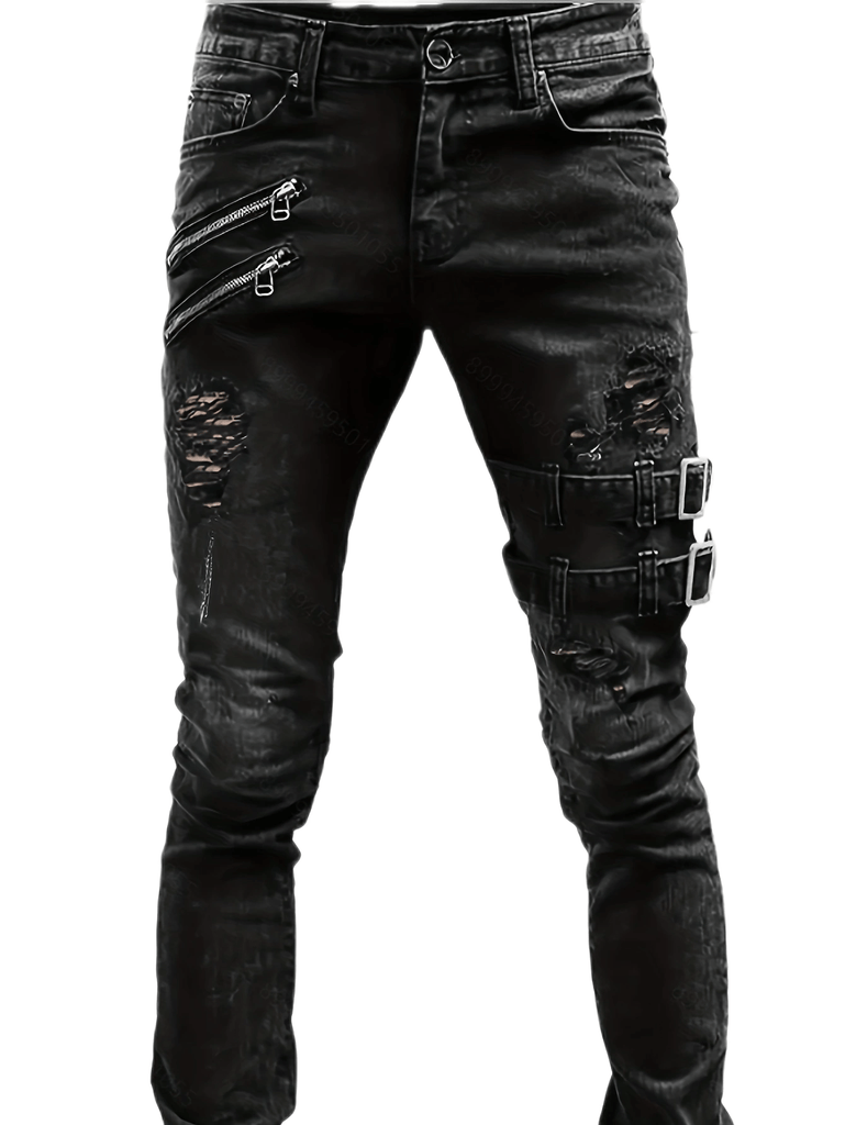 kkboxly Men's Chic Skinny Biker Jeans, Casual Street Style Medium Stretch Denim Pants