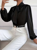 Solid Tie Neck Blouse, Elegant Lantern Sleeve Blouse For Spring & Fall, Women's Clothing