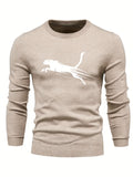 kkboxly  All Match Knitted Sweater, Leopard Pattern Men's Casual Warm Mid Stretch Crew Neck Pullover Sweater For Men Fall Winter