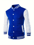 kkboxly  Trendy Varsity Jacket, Men's Casual Color Block Button Up Jacket For Spring Fall School Baseball