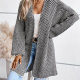 kkboxly  Striped Open Front Cardigan, Casual Lantern Sleeve Cardigan For Fall & Winter, Women's Clothing