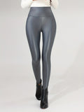 High Waisted Faux PU Leather Sports Leggings, Elastic Slim Sexy Tights, Women's Activewear