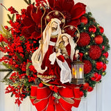 kkboxly Vintage Christmas Wreath Door Decor with Nativity Scene, Pine Cones, and Berries – Handcrafted Log Garland, Electricity-Free with Decorative Elements, Festive Holiday Entrance Accent