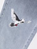 kkboxly  Y2K Baggy Dove Letter Print Jeans, Men's Casual Street Style Solid Color Slightly Stretch Denim Pants For Spring Summer