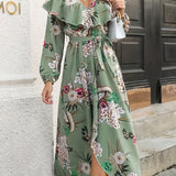 kkboxly  Bohemian Floral Print Belted Dress, Elegant V Neck Long Sleeve Dress, Casual Every Day Dress, Women's Clothing