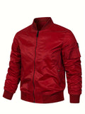 kkboxly  Men's Stylish Solid Windbreaker With Pockets, Active Breathable V Neck Zip Up Long Sleeve Jacket For Spring Fall