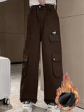 kkboxly  Girls' Thermal Warm Winter Wide-leg Cargo Pants, Casual Street Wear Straight Trousers With Multi-pockets