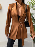 Lapel Tie Front Blazer, Casual Solid Long Sleeve Work Office Outerwear, Women's Clothing