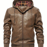 kkboxly  Men's Pu Leather Trendy Hooded Jacket, Windproof Warm Thermal Jacket For Autumn Winter