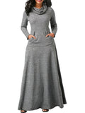 Pile Collar Pocket Front Dress, Elegant Long Sleeve Maxi Dress, Women's Clothing