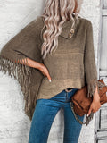Color Block Tassel Trim Cape Sweater, Casual Asymmetrical Collar Button Sweater, Women's Clothing