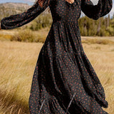 kkboxly  Tiered Floral Print Dress, Boho Lantern Sleeve V Neck Maxi Dress, Women's Clothing
