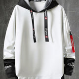 kkboxly  Trendy Letter Print Hoodie, Cool Hoodies For Men, Men's Casual Graphic Design Pullover Hooded Sweatshirt Retro Color Block Streetwear For Winter Fall, As Gifts