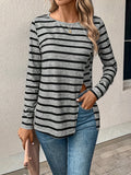 2025 kkboxly  Stripe Print Slit Hem T-Shirt, Casual Long Sleeve Top For Spring & Fall, Women's Clothing