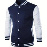 kkboxly  Trendy Varsity Jacket, Men's Casual Color Block Button Up Jacket For Spring Fall School Baseball